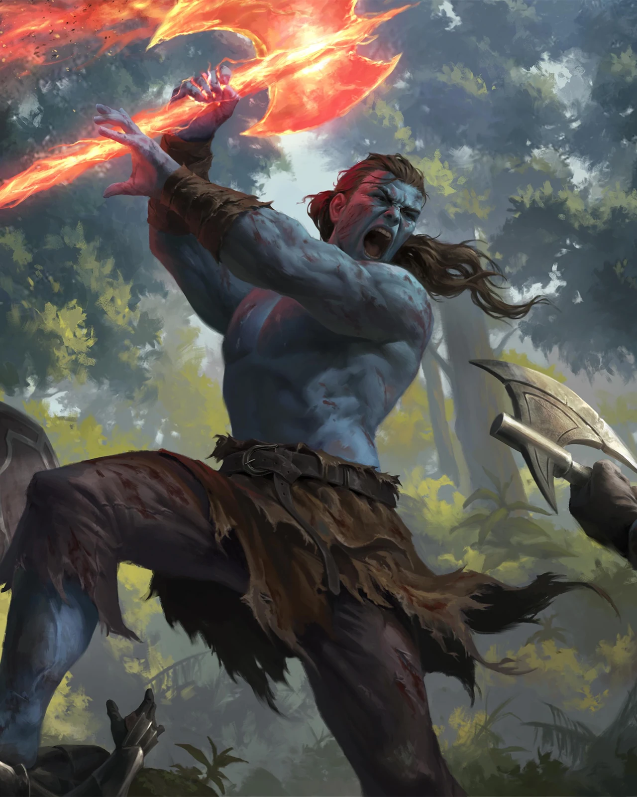 Asius raising a flaming double-headed axe in a forest.