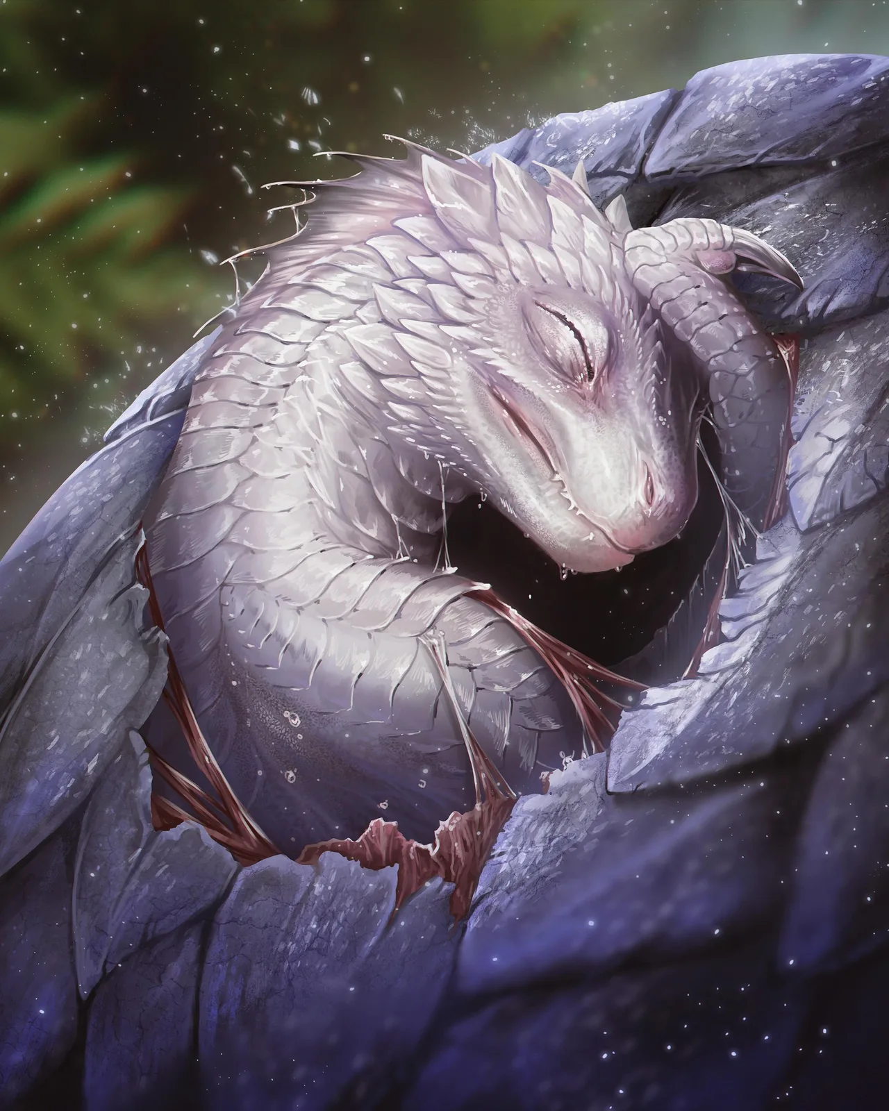 Baby Valerys, a pale dragon, emerging from a cracked egg with its eyes closed.