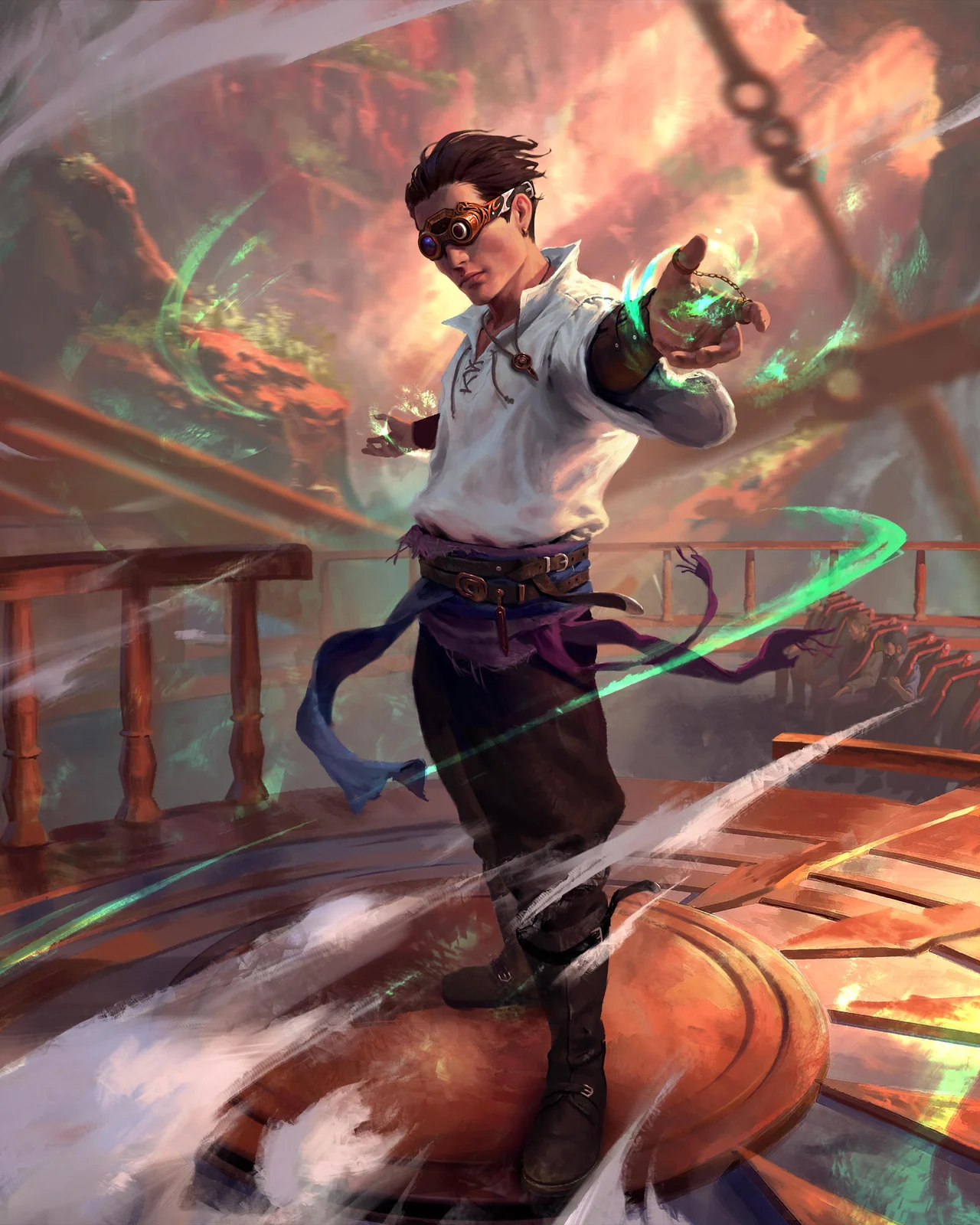 Falmin wearing goggles and conjuring green magic aboard a ship.