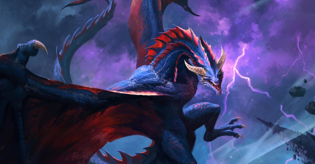 Varthear amid purple lightning in artwork for The Bound and The Broken Trading Card Game.
