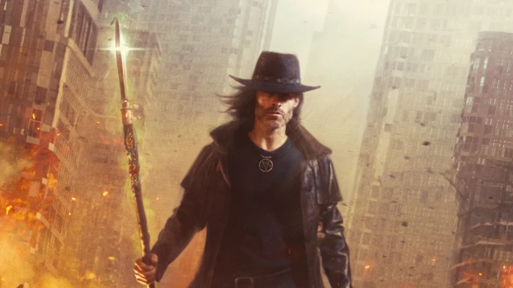 Harry Dresden wearing a hat and holding a staff in Chris McGrath’s Battle Ground cover artwork