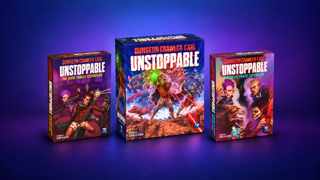 Dungeon Crawler Carl Unstoppable base game centered between the smaller Iron Tangle and Crawler Chaos expansion boxes