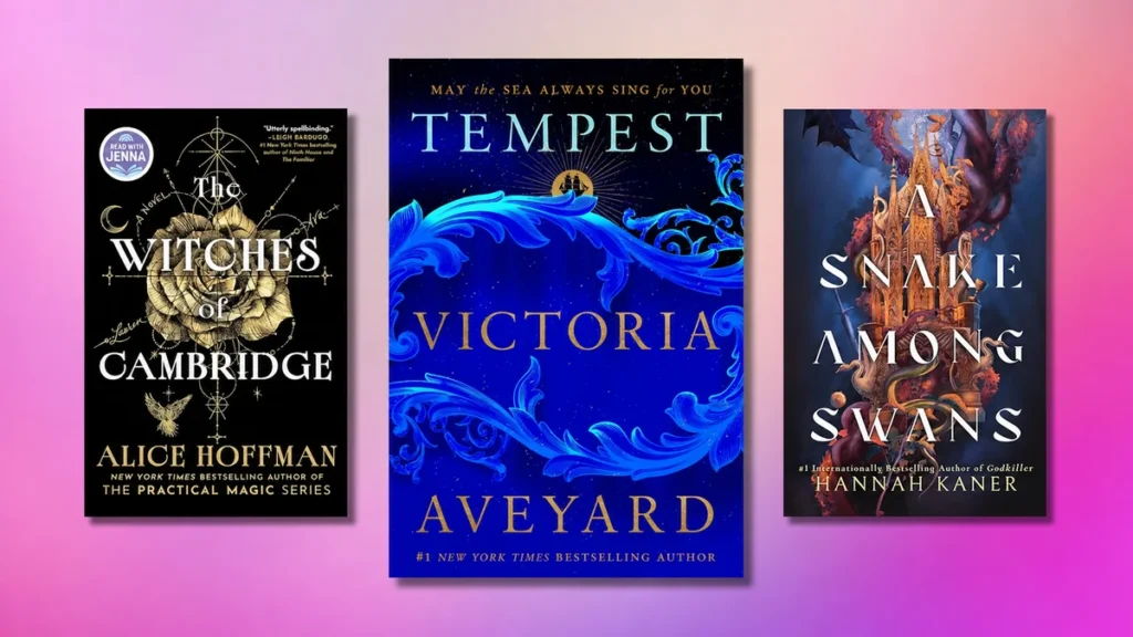 Here Are the Biggest Fantasy & Science Fiction Books Releasing This Week (September 6–12) Book covers of The Witches of Cambridge by Alice Hoffman, Tempest by Victoria Aveyard, and A Snake Among Swans by Hannah Kaner on a pink and purple background.