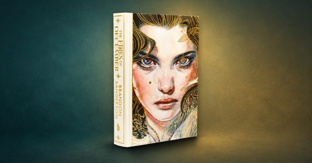 The Fires of December book cover with a woman's face and gold detailing against a teal and gold background