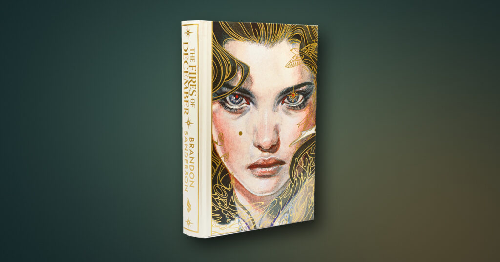 The Fires of December by Brandon Sanderson, with the Dragonsteel cover against a teal and gold background