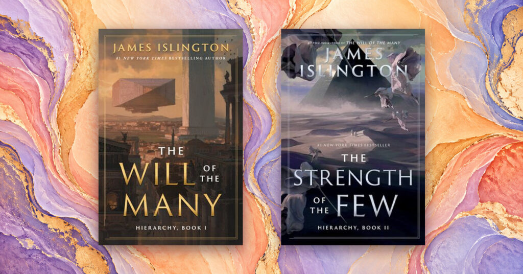 The Will of the Many and The Strength of the Few by James Islington on a bright coral, lilac and gold marbled background.