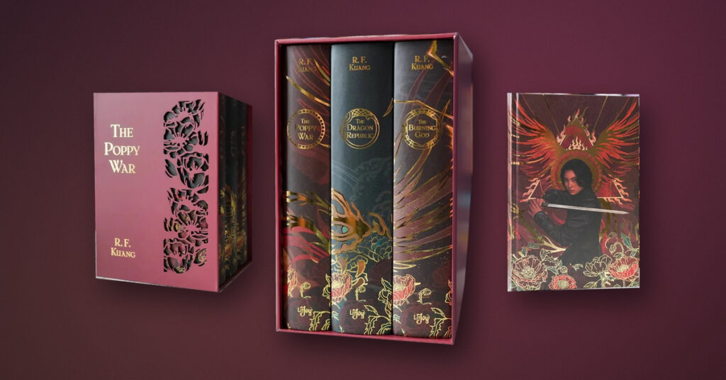 LitJoy’s The Poppy War trilogy box set with its pink slipcase and illustrated first-book cover on a burgundy gradient