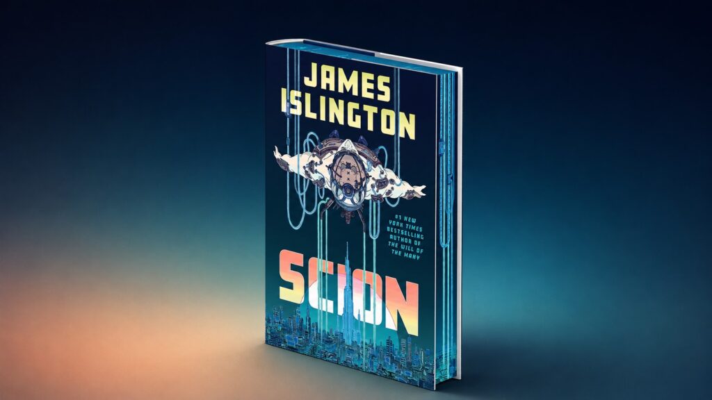 Scion by James Islington book cover on a navy, teal, and peach gradient background