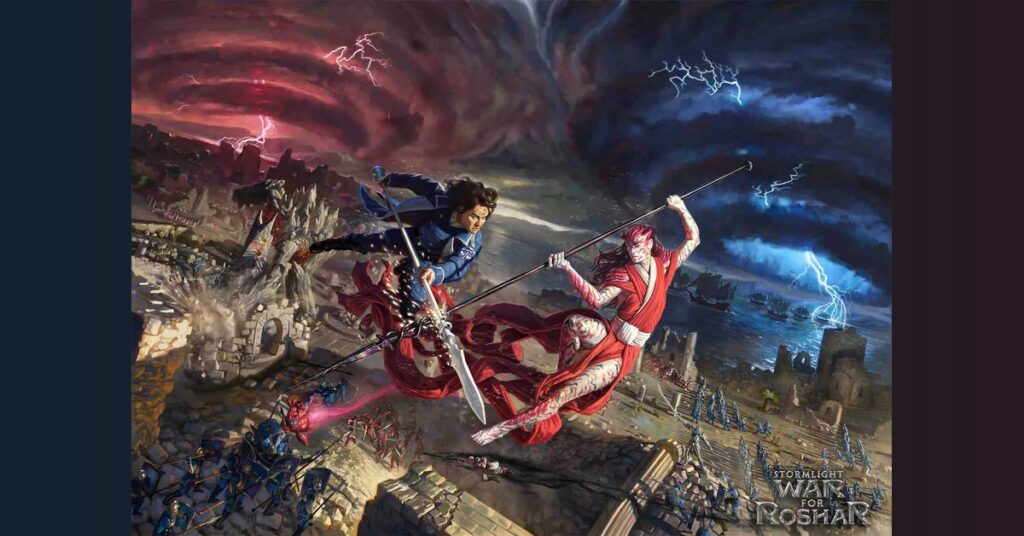 Kaladin and Leshwi clash above a battlefield as red and blue storms meet in Jason Rainville’s War for Roshar artwork.