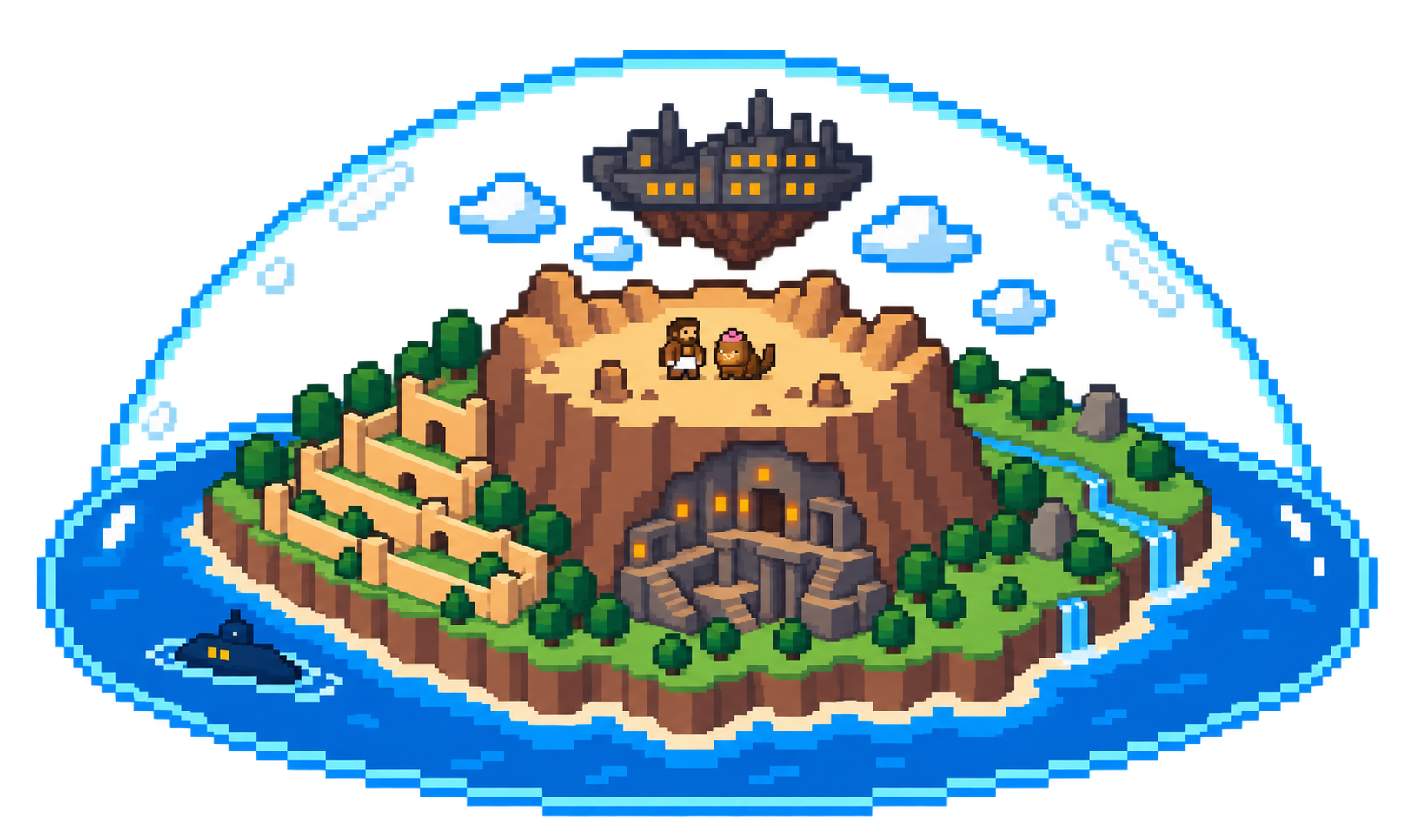 Pixel illustration of Bubble 543, with its sea, land, tomb and desert bowl enclosed inside one bubble