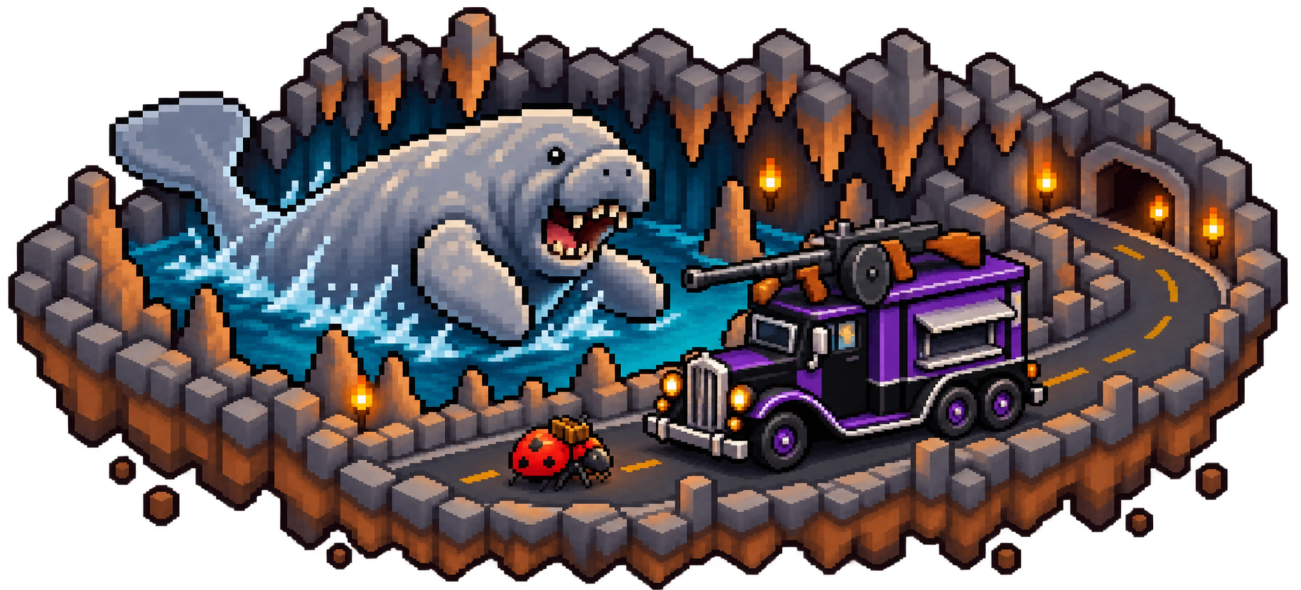 Pixel scene of the Big Shot Chicken truck with a long gangster-style hood and oversized decorative Tommy gun, racing past a giant manatee