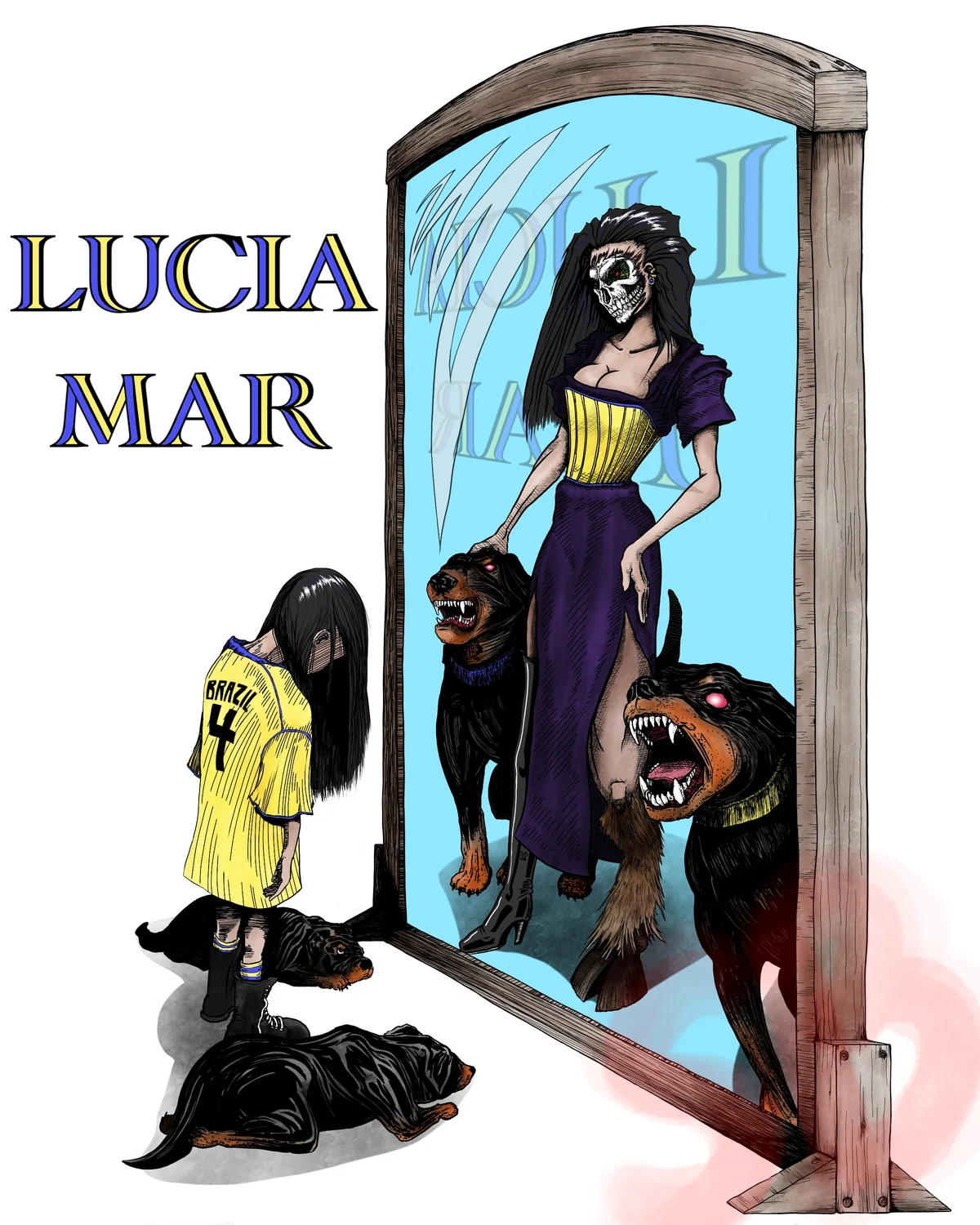 Lucia Mar and her dogs beside a mirror in an illustration by SilverBondArtistry
