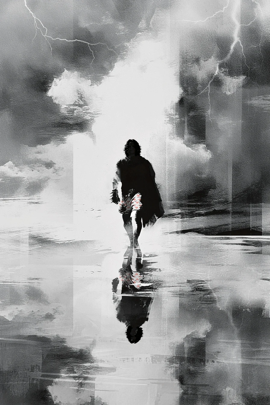 Fan artwork of Carl standing in a pale, rushing river
