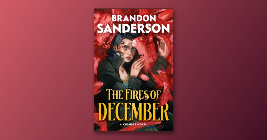 The Fires of December by Brandon Sanderson, with the red illustrated ebook cover centered against a burgundy background.