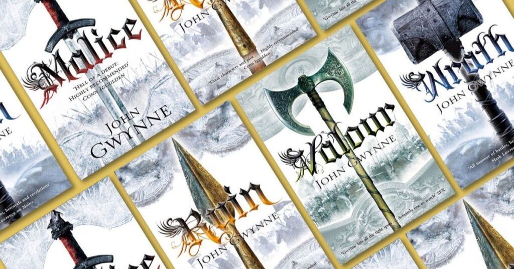 Covers of John Gwynne’s The Faithful and the Fallen books: Malice, Valour, Ruin and Wrath