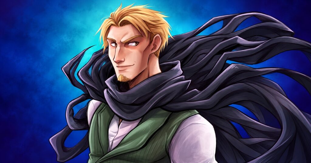 Is Kelsier a Mistwraith? Kelsier with blond hair, a green vest and a flowing mistcloak against a blue gradient.