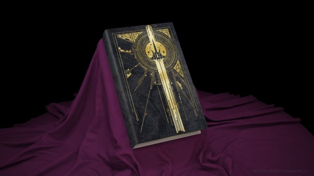 Skyward leatherbound with gold spaceship artwork on a black cover, displayed on purple fabric